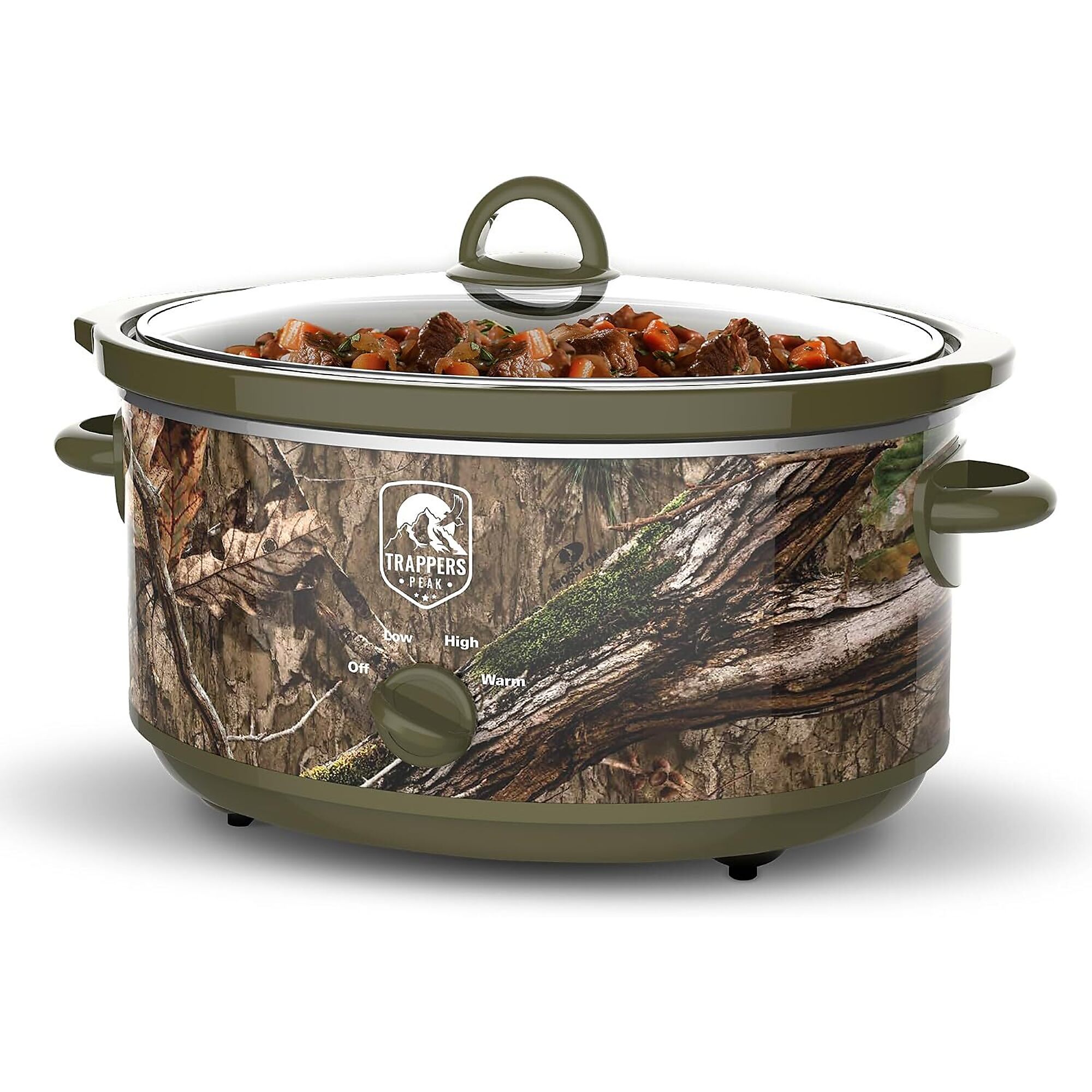 Trapper's Peak 7-Quart Slow Cooker with Camo Design, Oval Crock Pot with Adjustable Low/High/Warm Settings, Oven-Safe Stoneware Insert, Dishwasher-Safe Lid & Crock, Cool-Touch Handles for Family Meals. Model # TP-SL-70